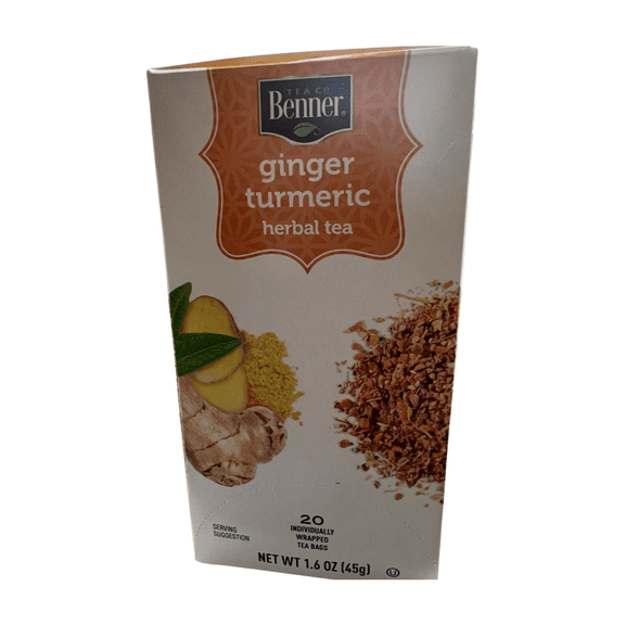 Benner Tea. Ginger, Turmeric. 20 Individually wrapped Teabags  NET WT 1.6 oz (45g)