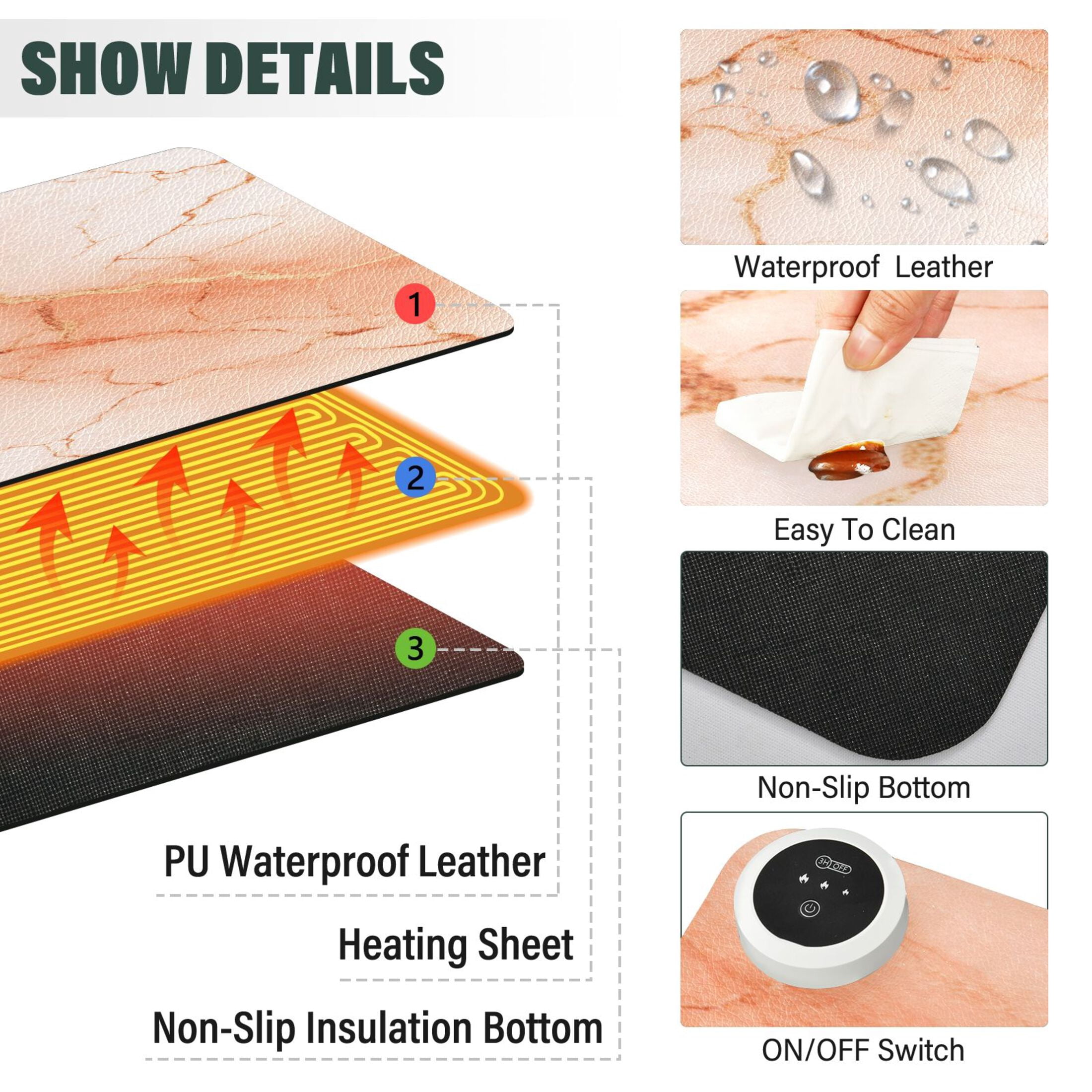 Large Heated Desk Mat Mouse Pad 31.5"x13"PU Leather Graphene Heating Desk Warmer with 3 Temperature Settings 110V US Plug Non-Slip Warm Pad for Home, Office, and Gaming Light Orange Marble Crack