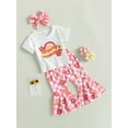 thumbnail image 3 of Wassery Kids Girls Summer Outfits Letter Print Short Sleeve Tops Crew Neck T-shirt with Plaid/ Rainbow Flare Long Pants Headbands  3Pcs Toddler Clothes Set 6M-5T, 3 of 8