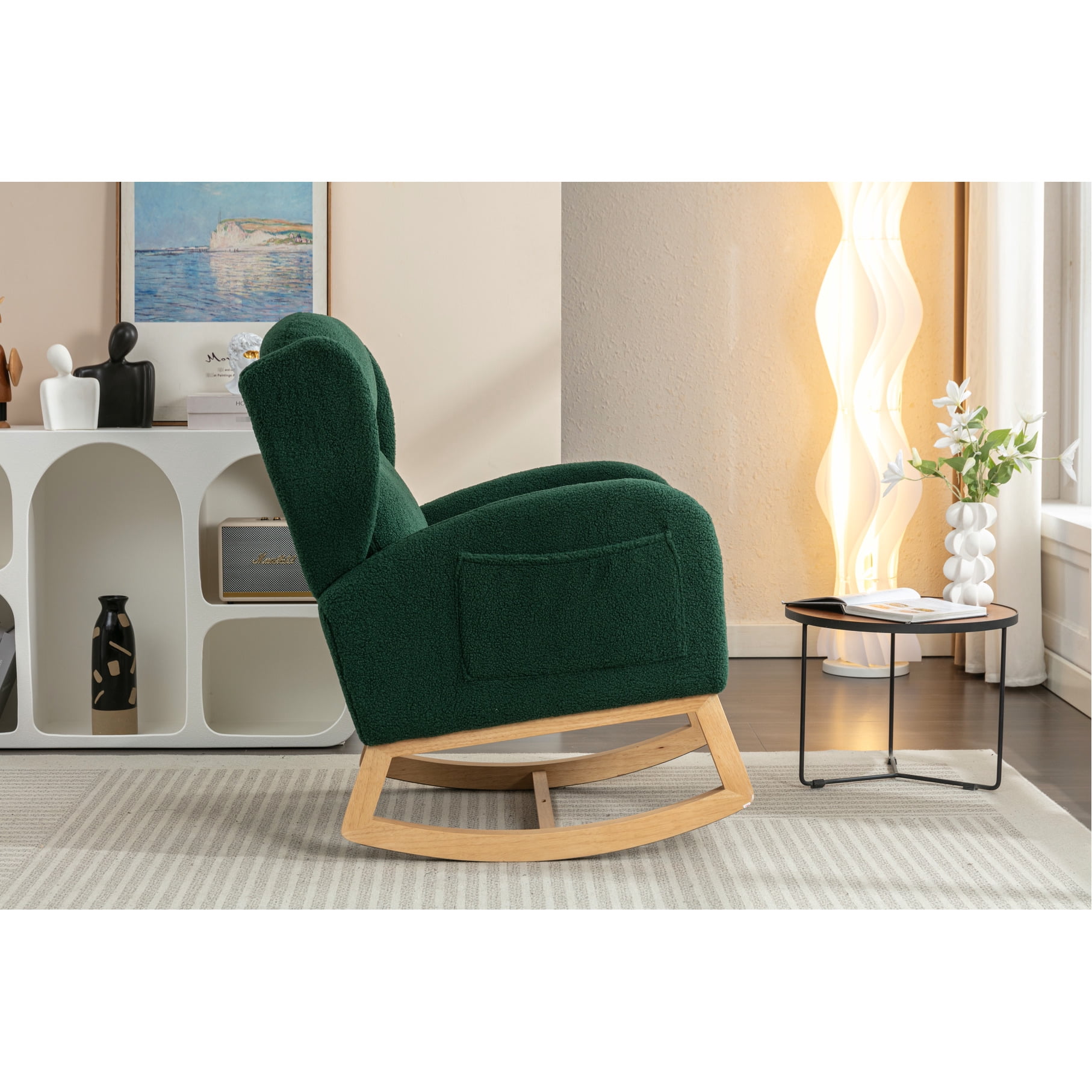 Cotton Filled Rocking Chair With Fabric And Wooden Base For Bedroom Sponge Wood Elements