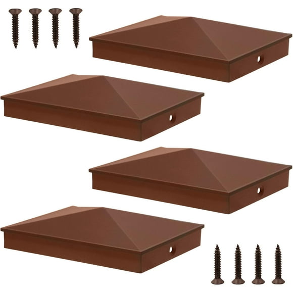 Azdele 4x6 Aluminum Pyramid Post Caps Cover for 4x6 Nominal Wood Post(Actual 3.5" x 5.5" Post Size), with Matte Finish Powder Coated Surface, for Fences Wood Post of Decks or Corridors(Brown, 4Pack)