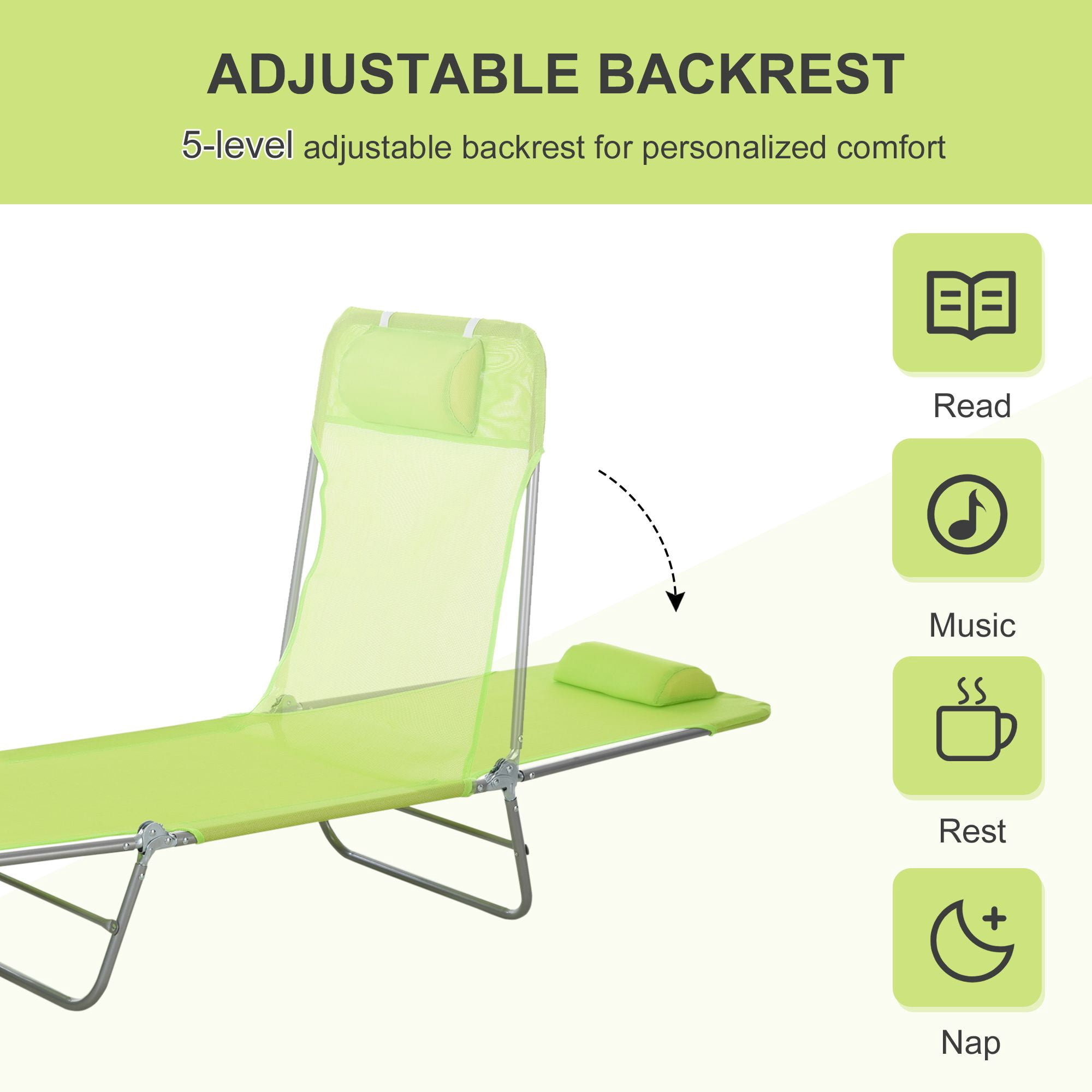 Folding Chaise Lounge Chair, Green, Portable, 6-Level Adjustable Back, Pillow Included, Ideal for Patio, Garden, Beach