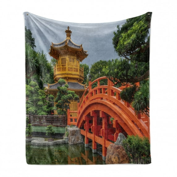 Peace Garden Soft Flannel Fleece Throw Blanket, Photo of Pavilion and Bridge over Calm Water with Trees, Cozy Plush for Indoor and Outdoor Use, 60" x 80", Multicolor, by Ambesonne