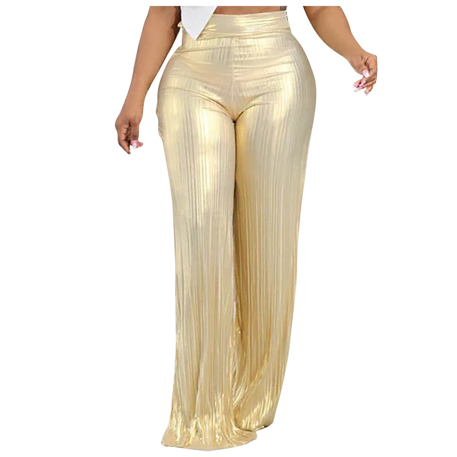 Besolor Women's Wide Leg Pants Casual High Waist Stretchy Shiny