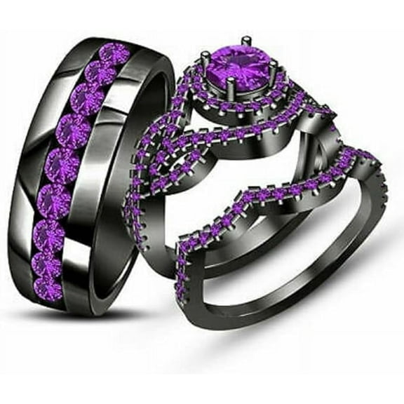 Divine Creation Unisex 1.35 Ct Round Cut Purple Amethyst Engagement Wedding Trio Ring Set 14K Black Gold Plated 925 Sterling Silver For Men's & Women's -4.5