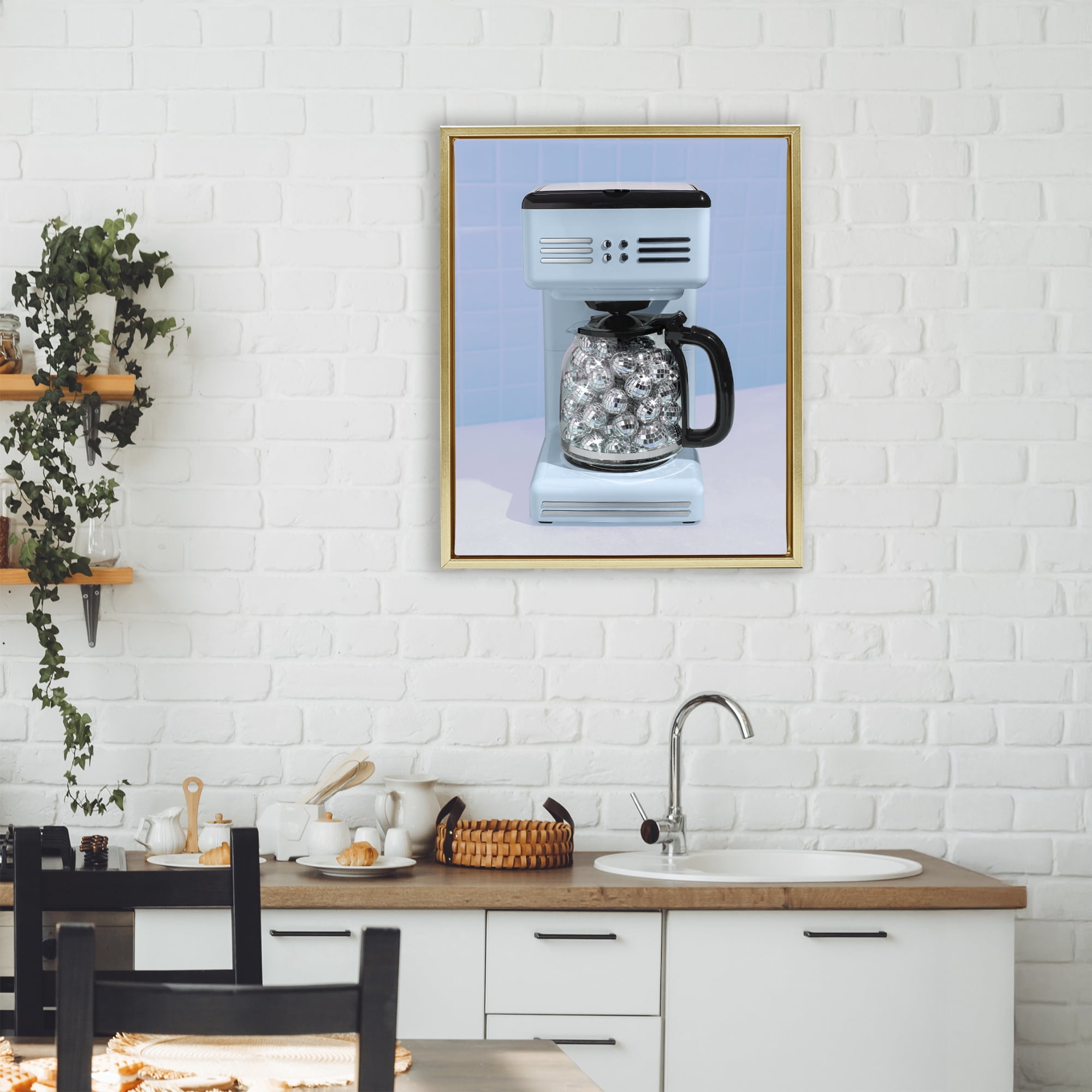 Stupell Industries Disco Coffee Maker over Blue Gold Framed Floater Canvas Wall Art, design by LISH Creative