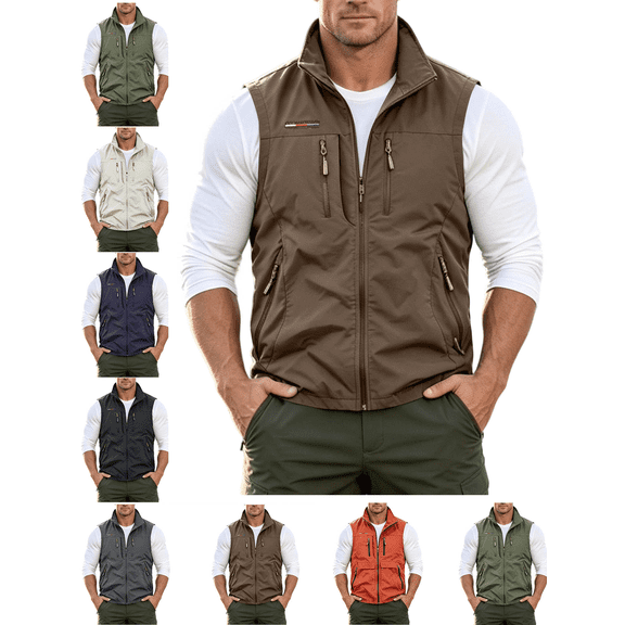 Mens Vests Lightweight Breathable Utility Zip Up Vest with Multi Pockets Casual Outerwear Windproof Softshell Sleeveless Jacket