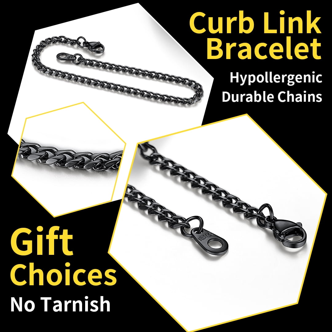 ChainsHouse Trendy Black Cuban Link Bracelets for Women Men 3mm Waterproof Chain Bracelet Jewelry Gift, 7.5inch