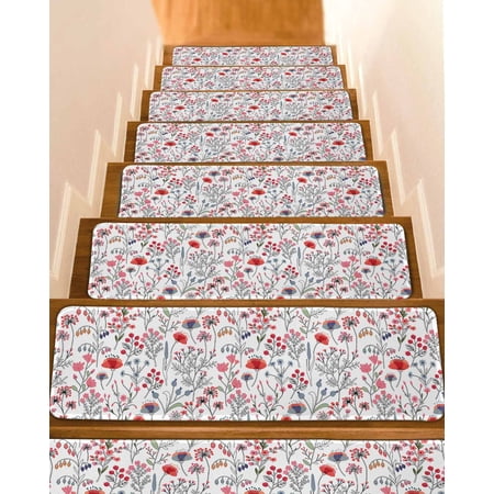 Red Spring Floral Stair Treads for Wooden Steps Indoor Runner Rug Carpet Vintage Botanical Colorful Elegant 10 Pieces Peel and Stick Staircase Step Treads Covers Washable Throw Door Mats 30 x8