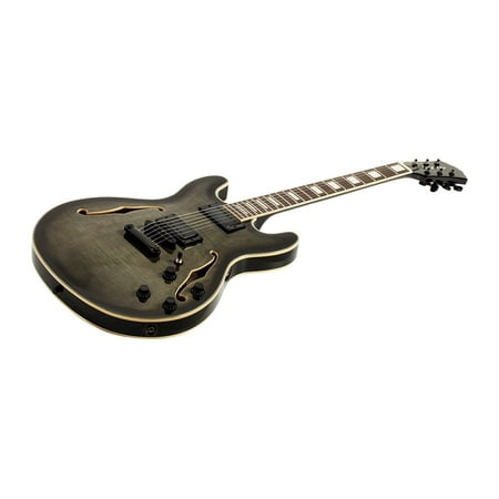 Monoprice Indio Boardwalk Flamed Maple Hollow Body Electric Guitar - Charcoal, With Gig