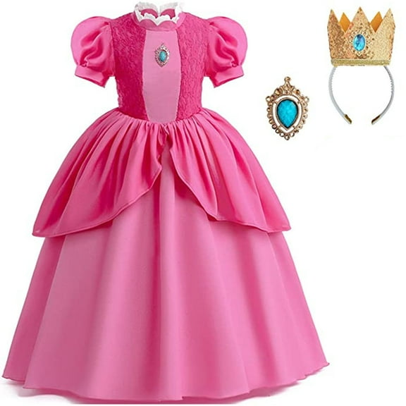 SUEE Princess Peach Costume for Girls Halloween Dress Up Outfit with Crown