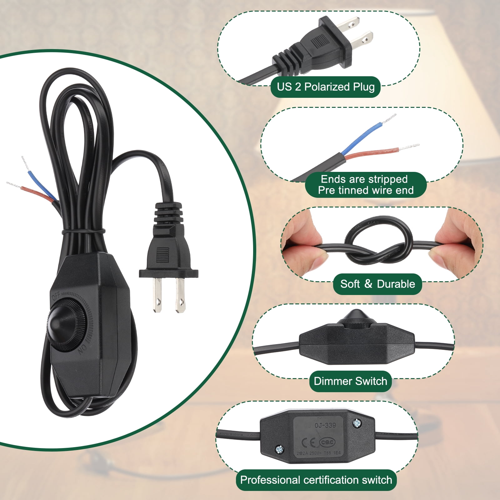 Uxcell 6 Feet Lamp Cord with Plug, 3 Set UL List Lamp Power Cord with Full Range Rotary Lamp Switch, Black