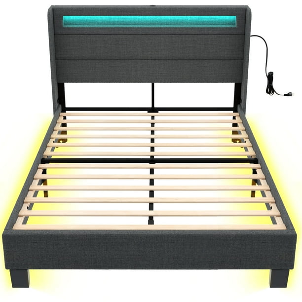 Rolanstar Bed Frame with LED Lights and USB Ports,Upholstered Platform