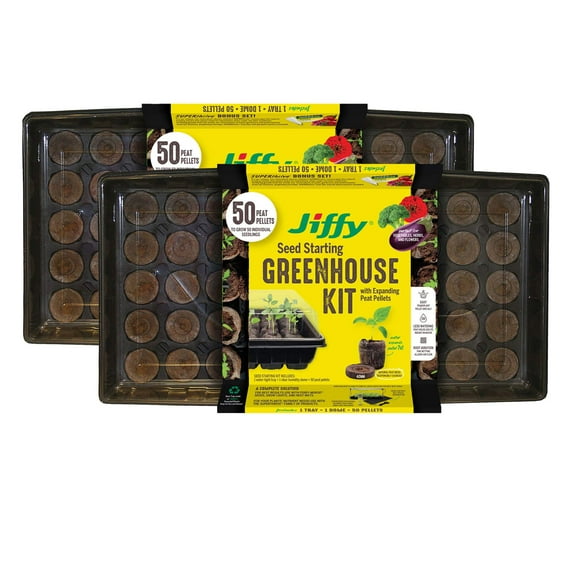 Ferry Morse Jiffy Seed Starter Tray Kit, 50 Cell 42mm Peat Pellets with Bonus SUPERthrive and Plant Labels - 2 Pack, 100 Pellets Total