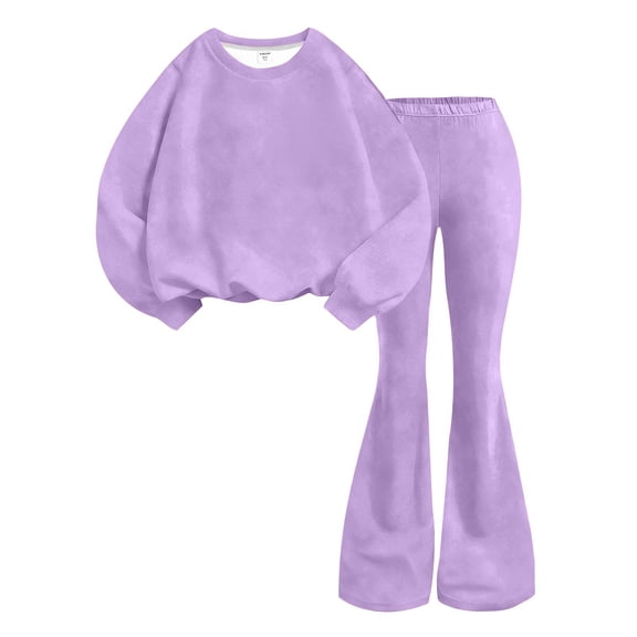 LIJCC Teen Girls Sweatsuit Solid 2 Piece Sweatsuits Round Collar Pullover Sweatshirts and bell-bottom trousers Sweat Set(Purple,7-8 Years)