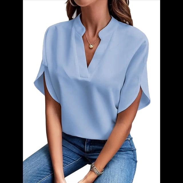 Blusa de para Mujer, Cuello en V, Estilo Túnica Elegante. Azul L