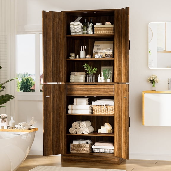 Homieasy 71'' Tall Farmhouse Bathroom Storage Cabinet, 7-Tier Storage Cabinet with Drawer & Adjustable Shelves, Dark Brown