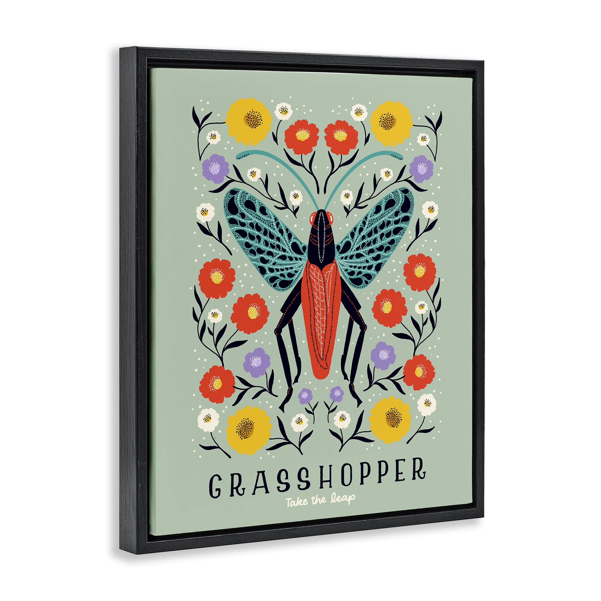 Stupell Industries Symmetrical Grasshopper with Blooms Black Framed Floater Canvas Wall Art, design by Indira Prieto | IndySign