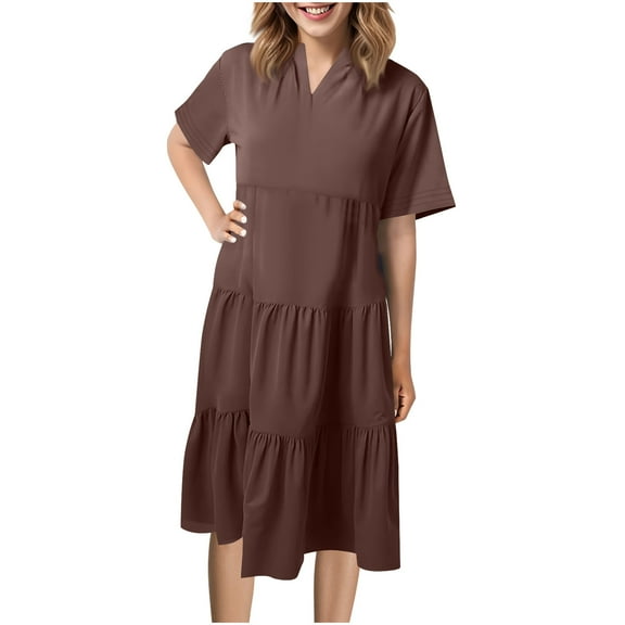 Drses‌‌ ‌‌‌‌‌‌‌‌‌‌‌‌‌‌Women's V Neck Short Sleeve Summer Dress with Pockets - Flowy Ruffle Tiered A-Line Sundress for Casual Beach