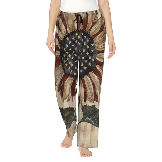 Fotbe USA Sunflower Flag Pantalones de Pijama para Mujer, Pantalones de Dormir, Pantalones Pj con Cordón y Bolsillos-XX-Large
