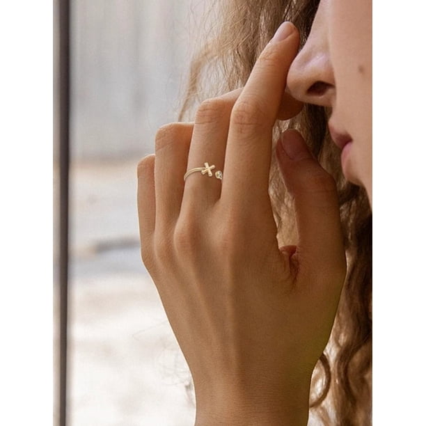 Anillo abierto con inicial y piedra de nacimiento para mujer, regalo elegante, talla 7 3/4 (17,9 mm)