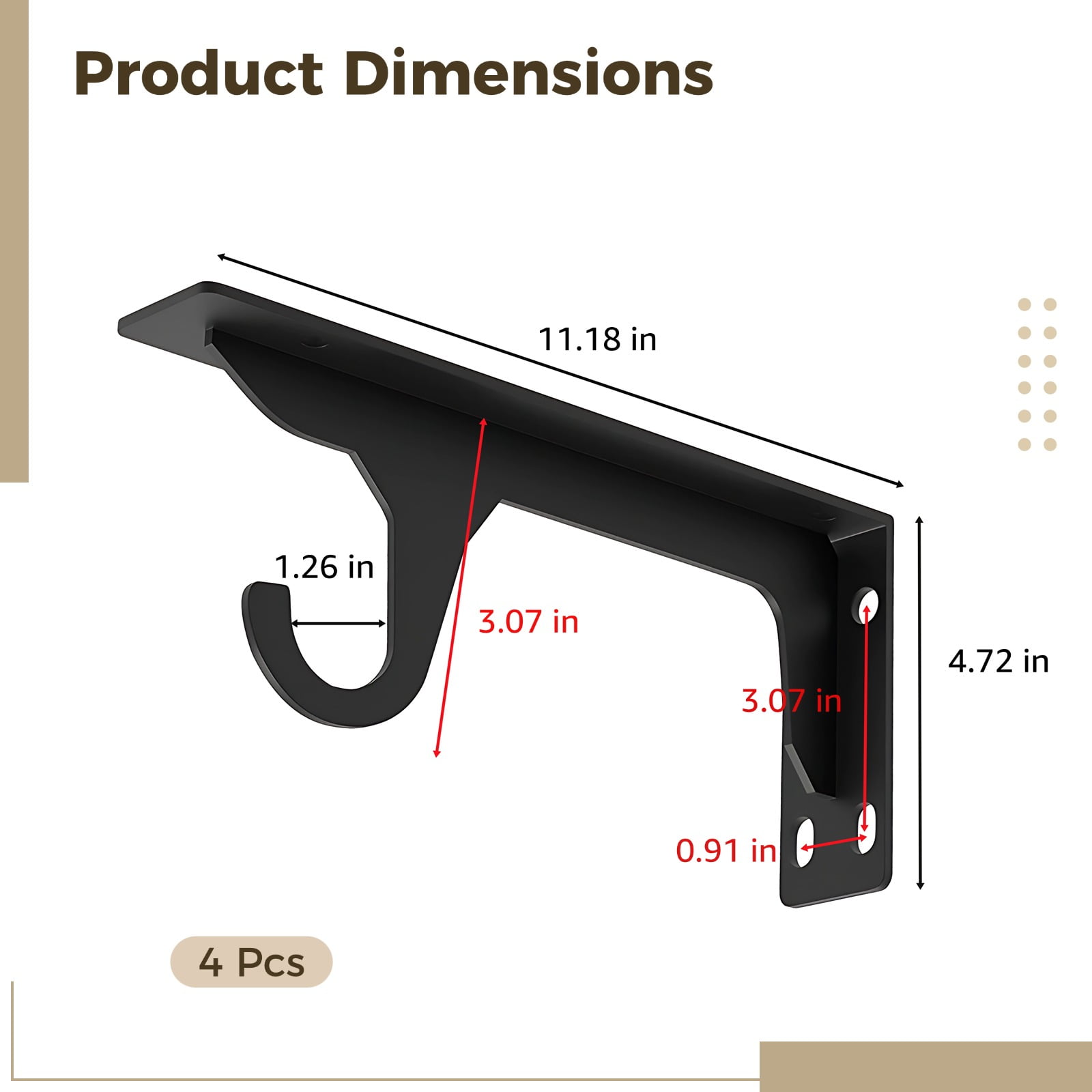 4PCS Heavy Duty Closet Rod Bracket, 12" Wall Mounted Shelf Brackets with Integrated Hook, L-Shaped, Cold Rolled Steel Clothes Hanging Rod Holder with Screws