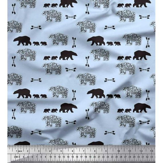 Soimoi Blue Silk Fabric Bear & Text Printed Craft Fabric by the Yard 42 Inch Wide