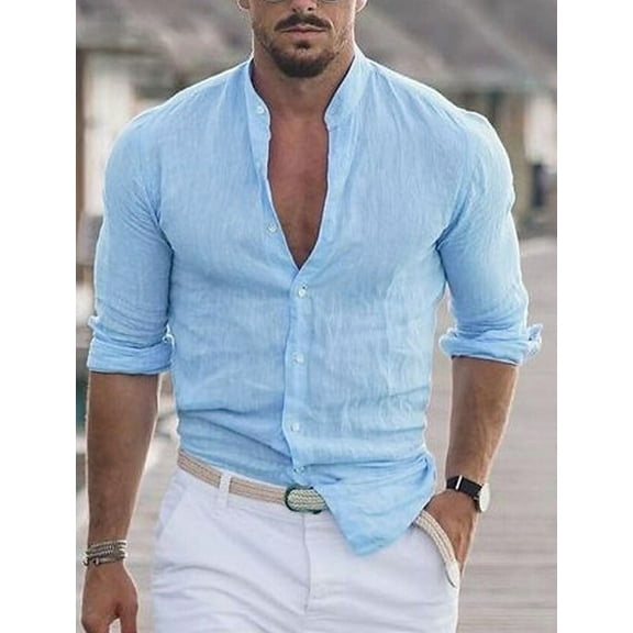 Mens Dress Shirts Long Sleeve Button Up Shirt Wedding Party Prom Shirt Holiday Beach Shirts Blue 3XL