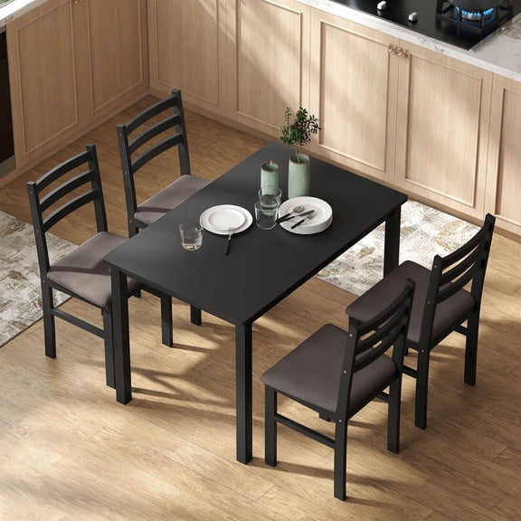 Demi Bonn 5-Piece Small Kitchen Table Set for 4, Farmhouse Dining Table Set with Upholstered Chairs and Rubber Wood Legs for Home, Black