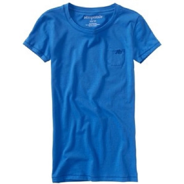 Aeropostale A87 playera gráfica con bolsillo pequeño para mujer, azul, XS