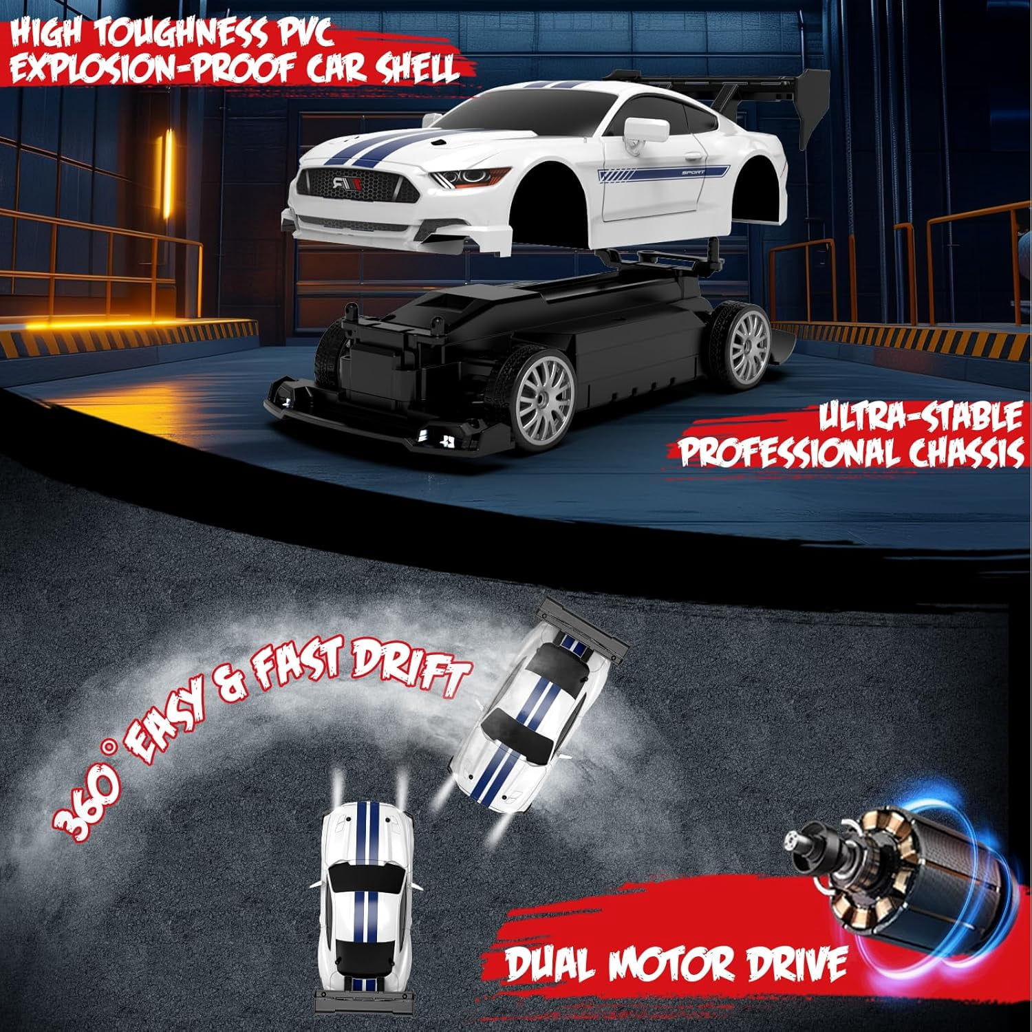 AIGIA 1:24 Scale RC Drift Car 30KM/H 4WD 2.4GHz Remote Control Cars with LED Light High Speed RC Racing Cars Toy Gift