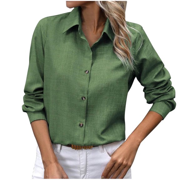 Turilly Fashion Women's Casual Solid Color Blouses Button Long Sleeved Turndown Collar Top