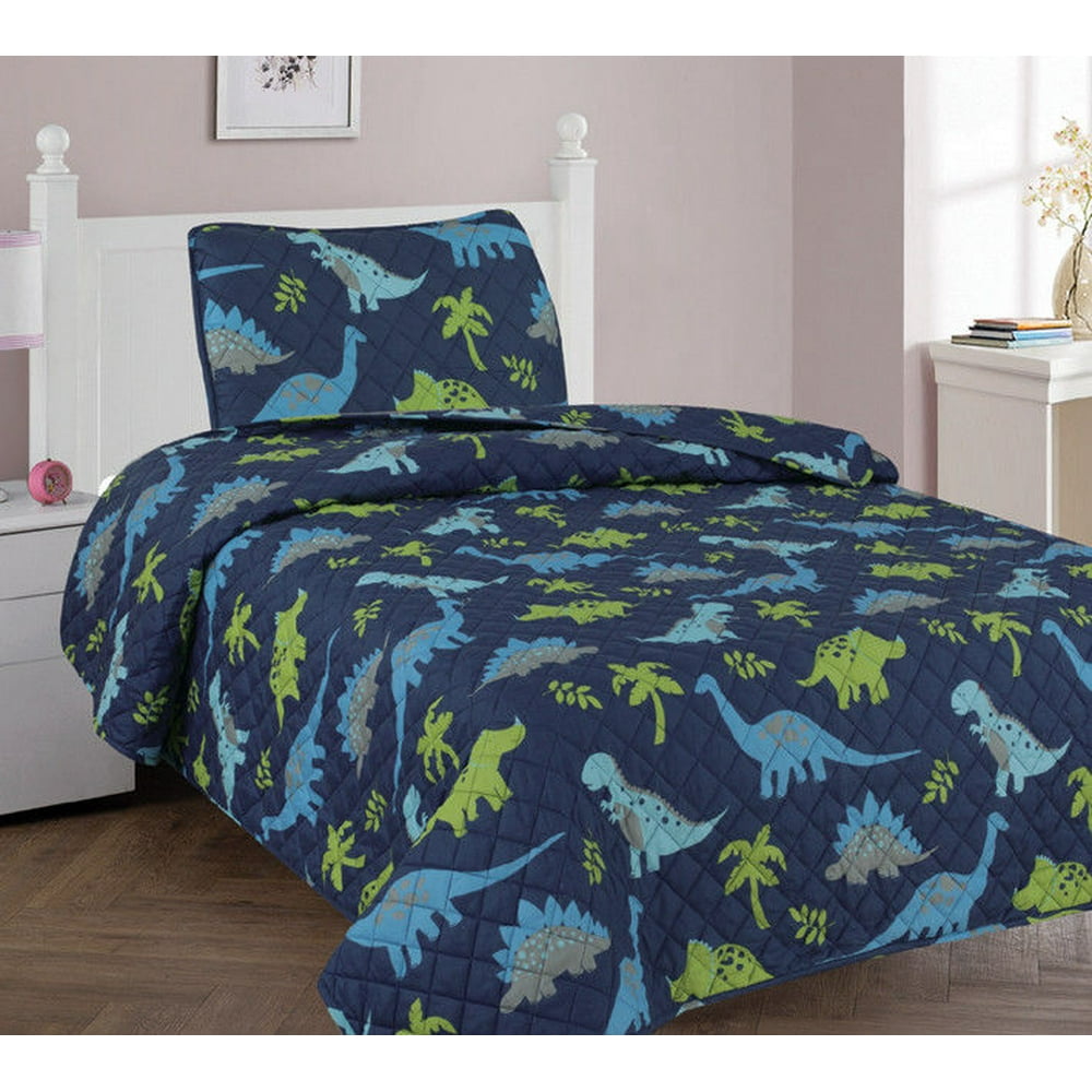 2PC TWIN DINOSAUR BLUE Kids Microfiber Bedding Quilt Set, 1 Print