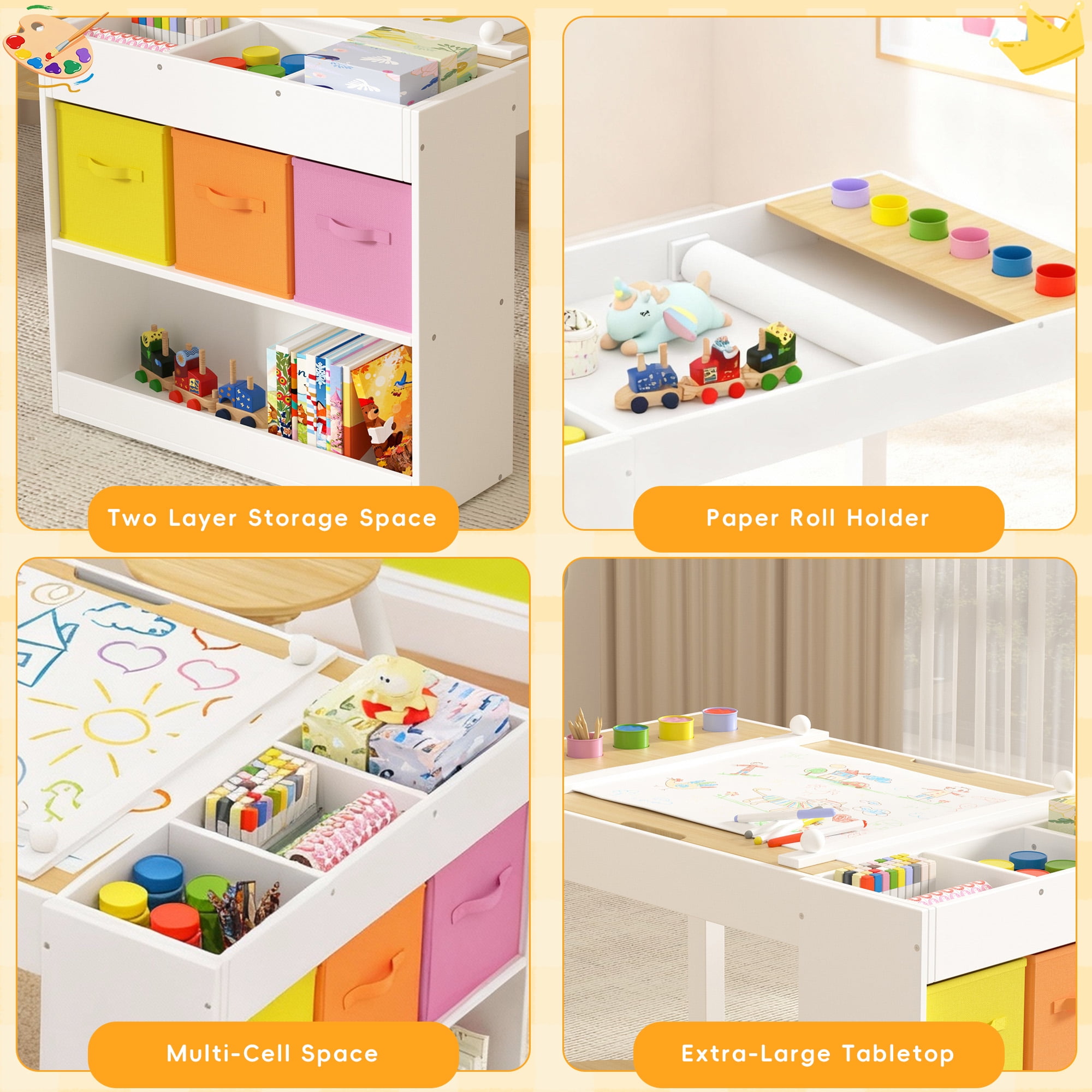 Reasea Kids Art Table with 2 Chairs - Wooden Kids Activity Desk Set Includes Baseplates, Paper Roll & Storage | 39" x 23" Craft Table for Drawing, Building & Learning
