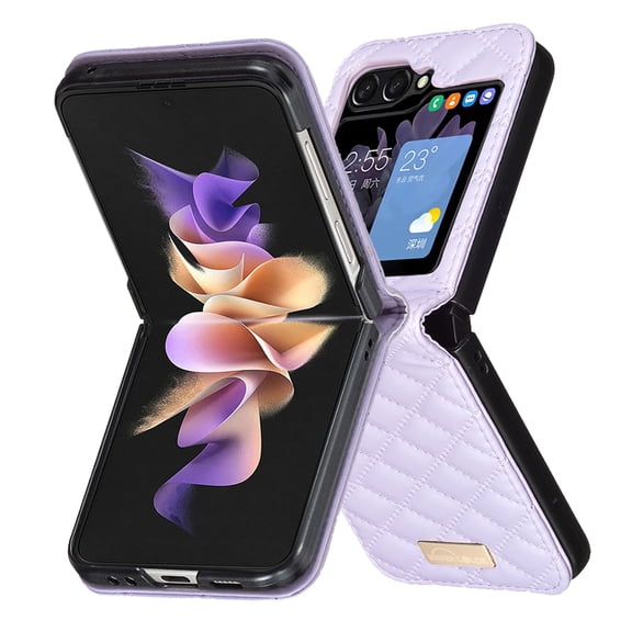 Allytechgroup Slim Case for Samsung Galaxy Z Flip4, Premium PU Leather Shockproof Protective Anti-Scratch Fashionable Grid Stylish Luxury Phone Case for Galaxy Z Flip 4, Purple