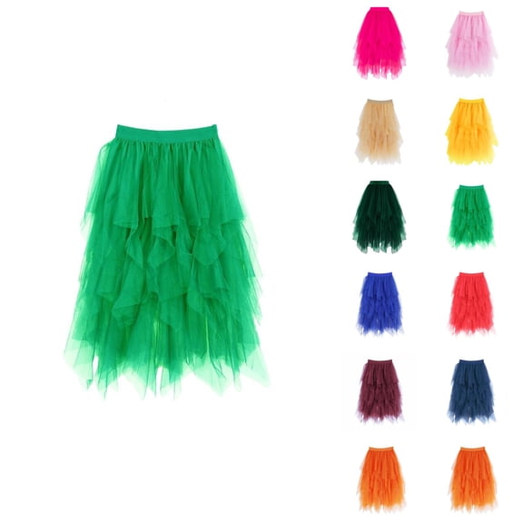 Tulle Skirts for Women Mid Length Elastic Waist Flowy A Line Asymmetrical Puffy Skirt Fairy Skirt Layered Mesh Dance Skirts