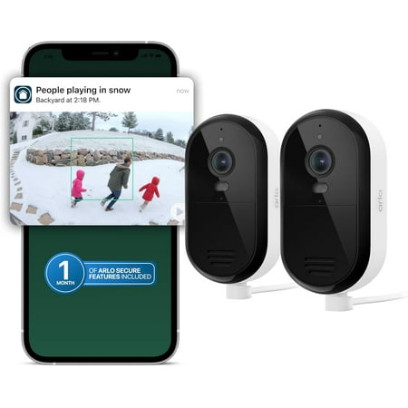 Essential Security Camera 2K (2025 Release) - Continuous Wired Plug-in Power Outdoor Camera, Person Recognition, Package Detection, Animated Preview, 1-Month Trial of Secure Plan, 2 Cam, White