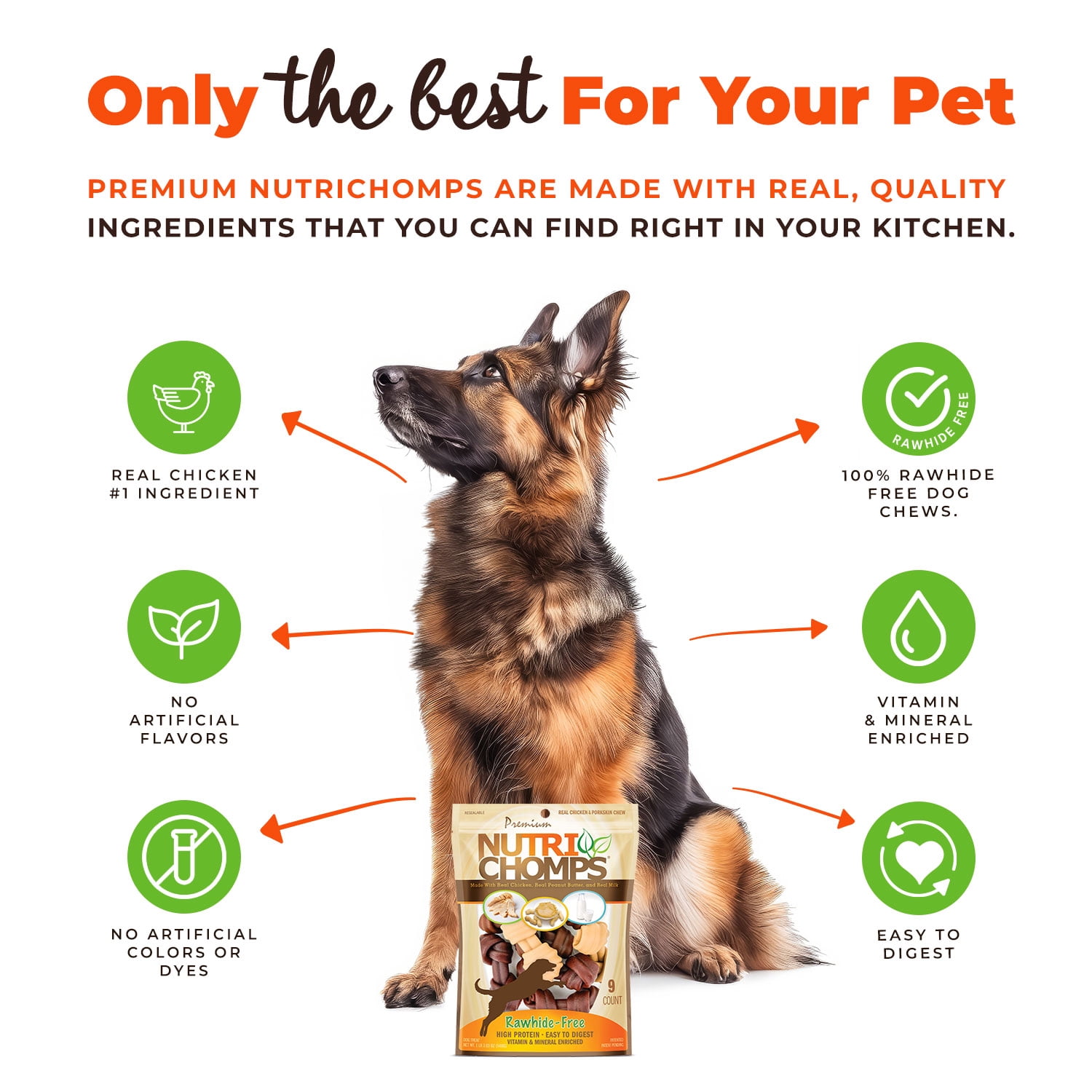 Nutri Chomps Rawhide-Free Knotted Dog Chews, 4-Inch, Chicken, Peanut Butter & Milk Flavor, 9 Count