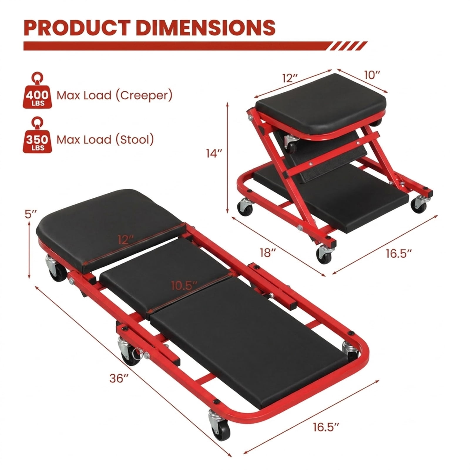 Biotree 2-in-1 Z-Shaped Rolling Garage Stool 36 Inch Folding Automotive Creeper 400 lbs - Red