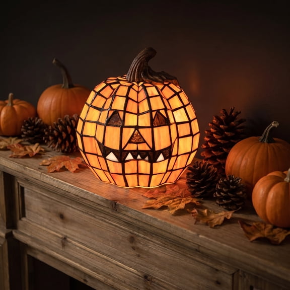 Halloween Stained Glass Pumpkin Lamp, Resin LED Jack-O Lantern Light, USB Power, Pumpkin Night Light for Halloween Home Decor, Halloween Decorations for Bedroom, Living Room, Entryway, Shelf, 4x4.7in