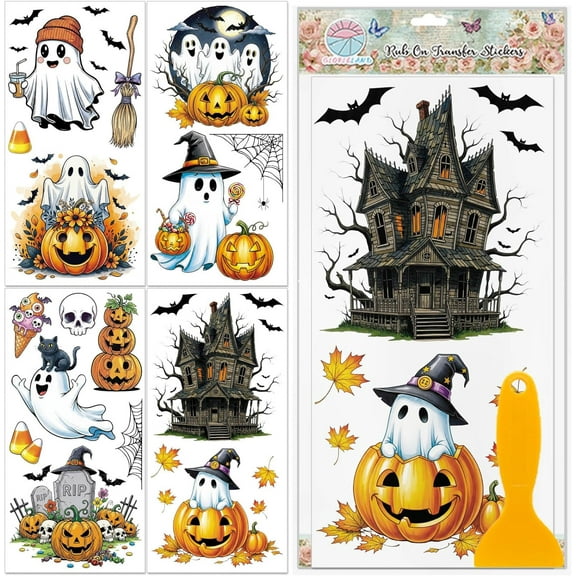 4 Sheets Ghosts Colorful Rub on Transfers Pumpkins Furniture Decor Transfer Stickers 11.8x5.9inch Bats Castle Decals Stickers