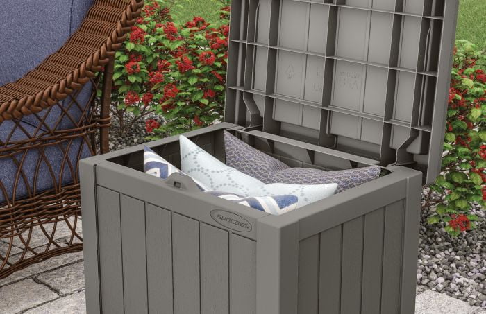 Stoney Gray Suncast 22 Gallon Outdoor Wicker Deck Storage Box with Seat 