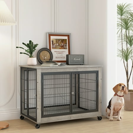 Furniture Style Dog Crate Side Table On Wheels With Double Doors And Lift Top.Grey,38.58''W X 25.5''D X 27.36''H.