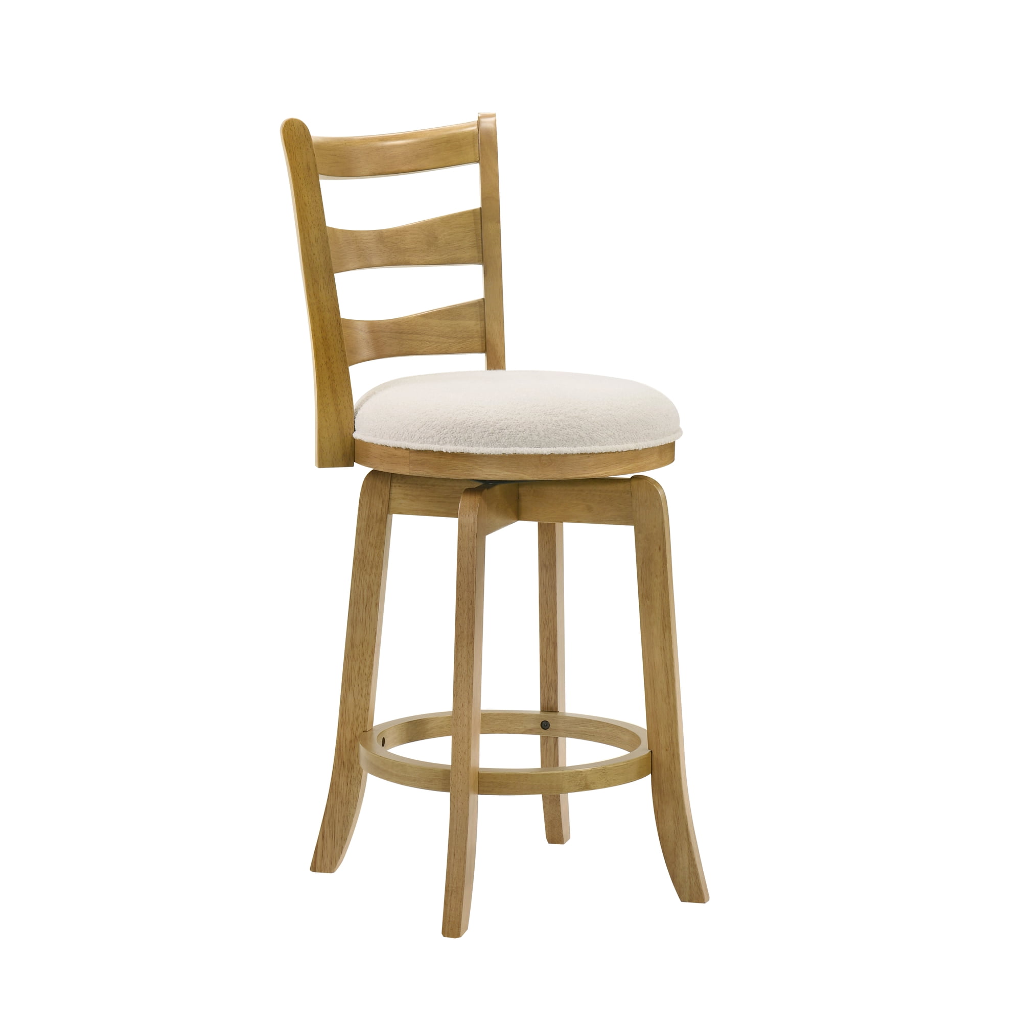 Melindra Modern Farmhouse Swivel Wood Counter Height Kitchen Bar Stool in Amber Glow Finish with White Boucle Fabric Upholstered Seat - Set of 2