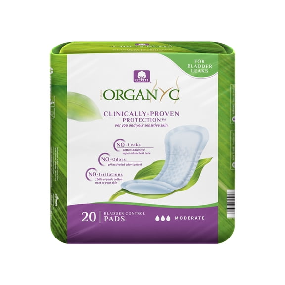 Organyc - 100% Organic Cotton Incontinence Pads for Bladder Leaks - Certified Odor Control, FSA/HSA Eligible, Moderate Flow, Regular Absorbency, 20 Count