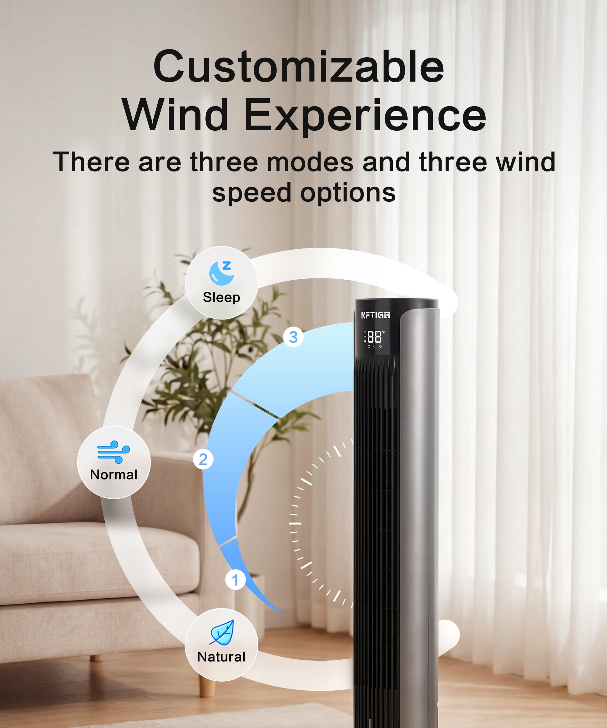 NFTIGB Tower Fan for Bedroom, 36 inch Oscillating Fans that Blow Cold Air, 3 Speeds, 3 Modes 12H Timer, Standing Floor Fan for Home Office, Black