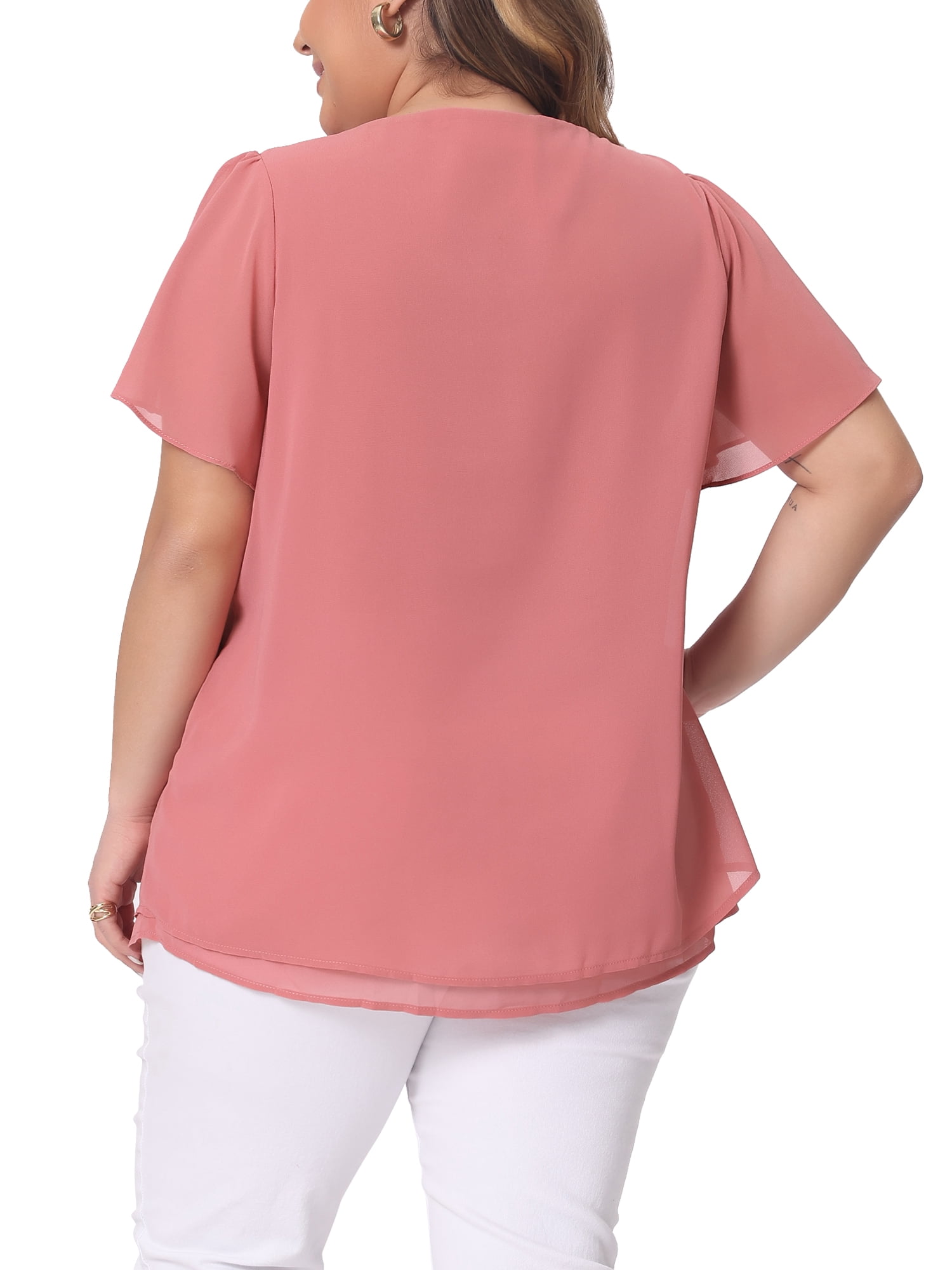 DARING DIVA Women's Plus Chiffon Ruffle Double-Layered Top 2X Pink