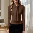 thumbnail image 2 of Enjoytime Shirts for Women Solid Color Ribbon Half High Neck Long Sleeve Blouses Elegant Commuting Business Casual Tops Brown M, 2 of 7