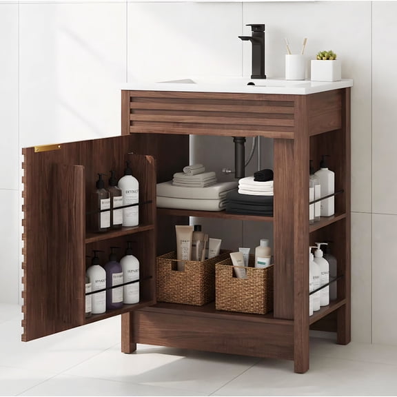 24" Bathroom Vanity Combo with Ceramic Sink & Faucet, Modern Light Oak Single Vanity Set with Fluted Door, Over-the-Door Storage Bthroom Cabinet with 2-Tier Side Shelves for Small Space