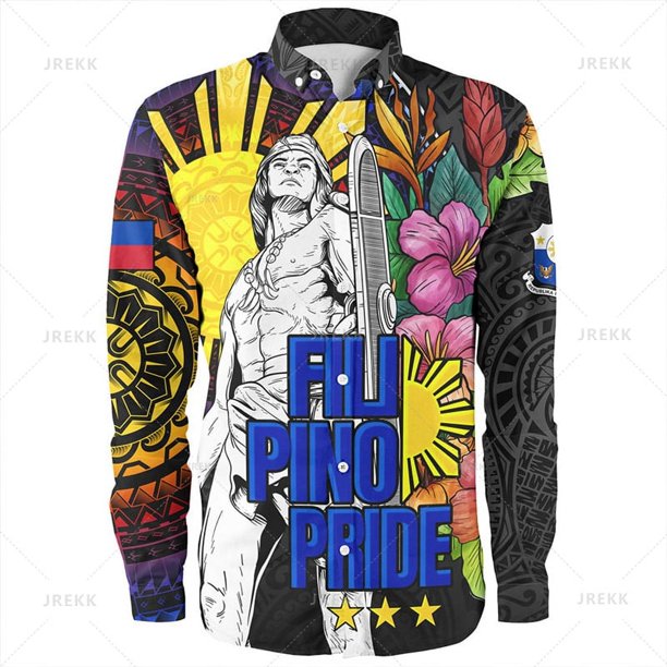 Camisas de manga larga con estampado de emblema étnico filipino en 3D vintage de tamaño pequeño para hombre, blusas con estampados tribales filipinos
